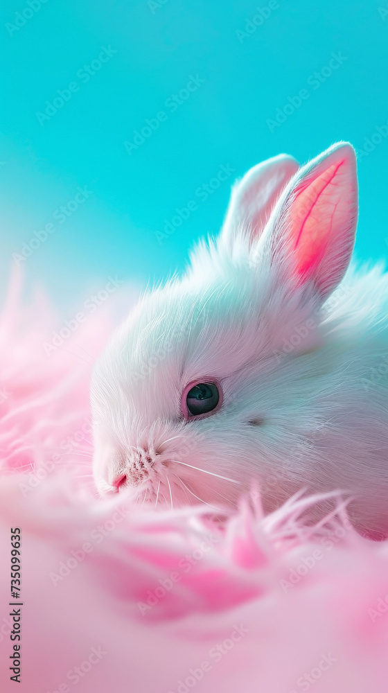 White fluffy bunny peeking from edge. Pastel pink and blue background. Copy space. Greeting card concept. Generative AI