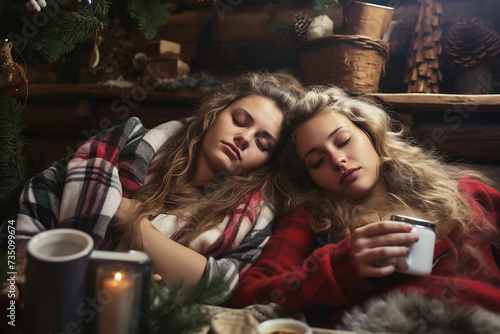 Young friends people sleep after party, cozy winter evening, home pleasant meetings, Christmas. girls, guy, cup of tea in hands, warm clothes