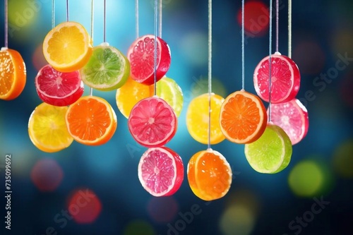 
Hanging colorful fruity sweet candies. Traditional candies for Seker Bayram holiday background. Greeting card background photo