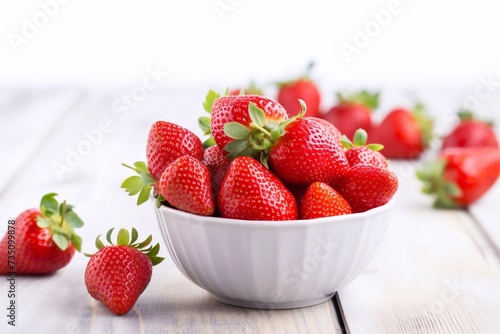 Beautiful  fresh  delicious heaps of fresh strawberries in a ceramic bowl on a rustic white wooden background