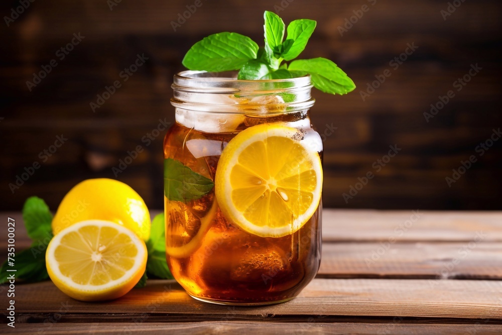 Delicious ice tea with slice of lemon in mason jar on the wooden rustic background Delicious ice tea with slice of lemon in mason jar on the wooden rustic background