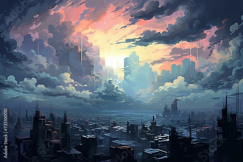 Cityscape with stormy clouds. Generative AI