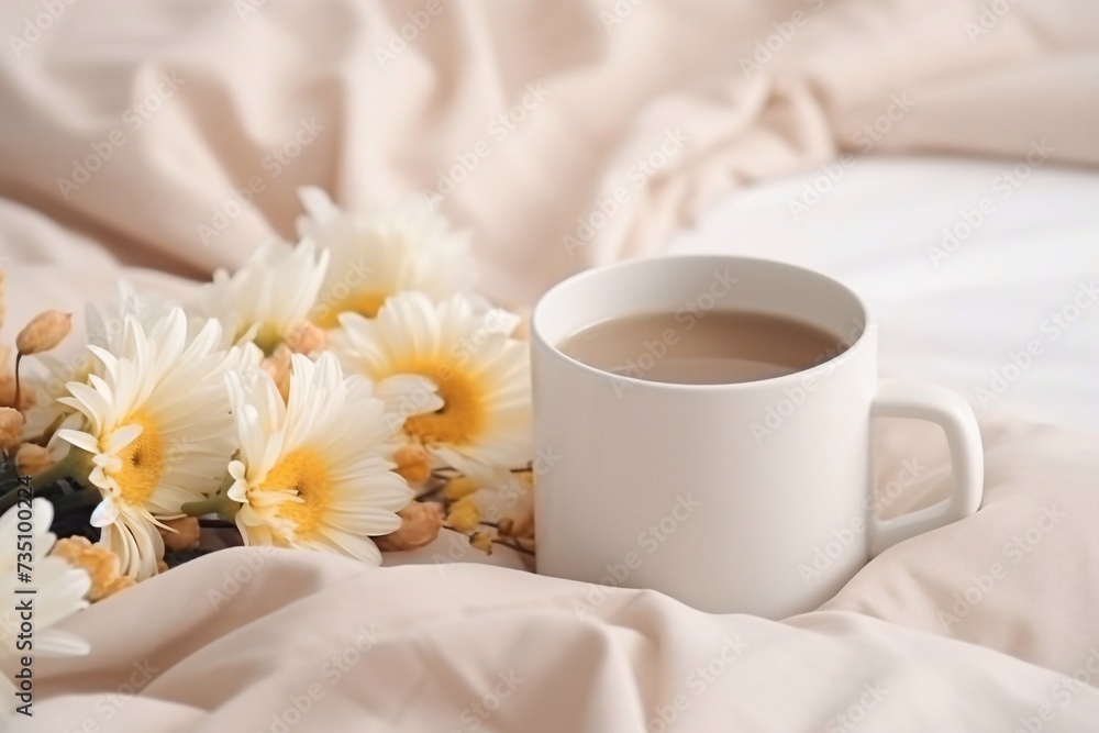 Light cozy bedroom, Coffee or tea cup and an flowers on the white bed. Breakfast in bed. Coffee cup and flowers on a white bed. White Concept