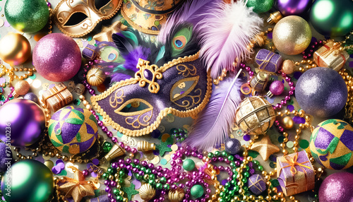 Majestic Mardi Gras Mask Amidst a Treasure Trove of Festive Ornaments