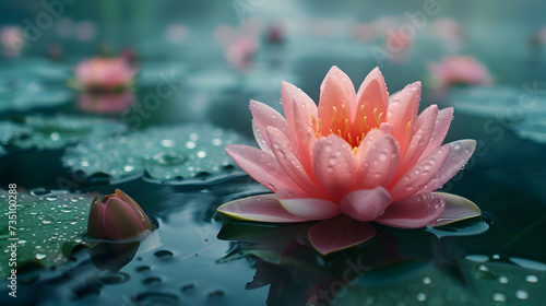 A close-up shot of a lotus flower breaking through the water s surface  representing purity  resilience  and the idea of rebirth in various cultures.