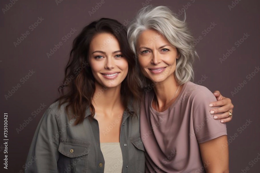 Mature woman feels in the studio. Confident woman looking at camera while standing on studio background. A gray-haired woman hugs the daughter of an adult Mature woman feels in the studio. Confident woman looking at camera while standing on studio background. A gray-haired woman hugs the daughter of an adult