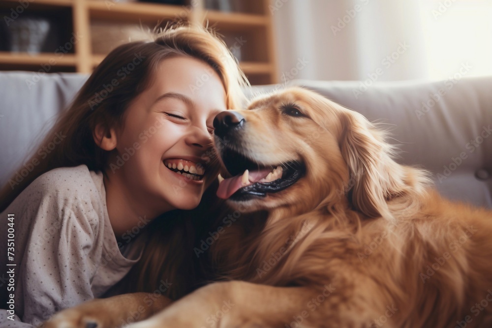 Middle aged woman enjoys spending time at home with her pets. Dog licks owner's cheek with his tongue, cat sitting on couch


 - obrazy, fototapety, plakaty 