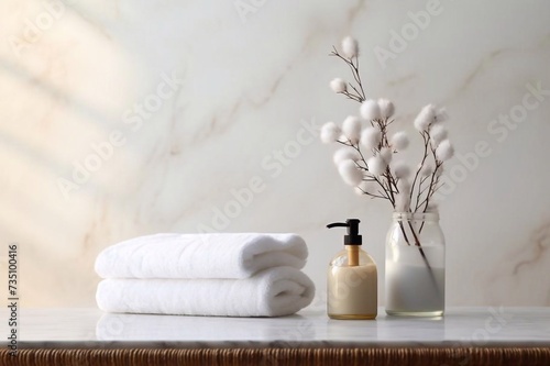Marble table top with soap, toothbrush, cotton buds, decor and mockup space for montage over minimalist and clean bathroom background, 3d rendering, 3d illustration
