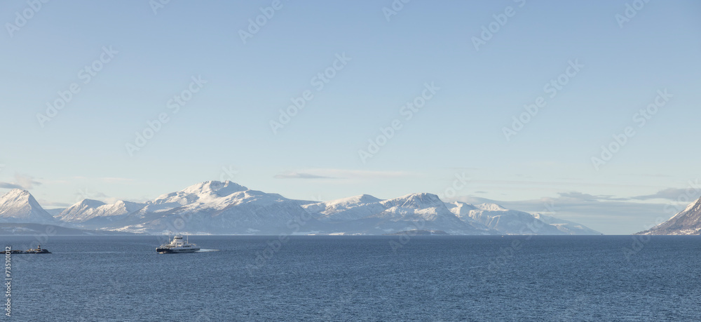 View of the mountains from the sea in Molde city area