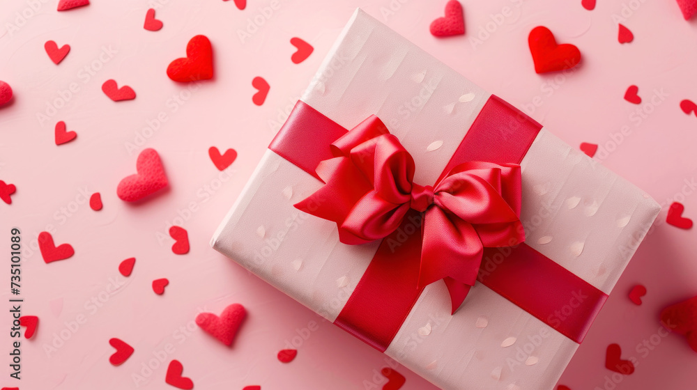 Top view of aesthetic gift in craft box with ribbon. Pink hearts confetti background. Greeting concept. Generative AI Top view of aesthetic gift in craft box with ribbon. Pink hearts confetti background. Greeting concept. Generative AI