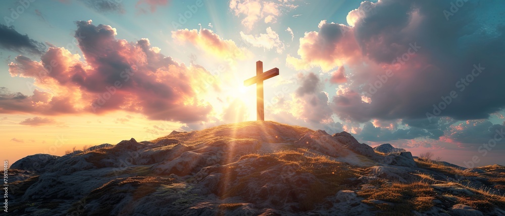 Landscape of cloudy clouds with sun shining behind the cross, in the style of photo-realistic landscapes, poster, controversial, coastal scenery, shaped canvas, stone sculptures.