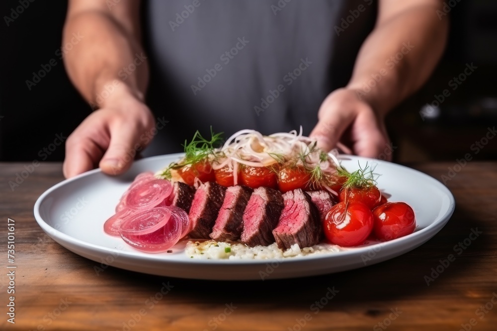 Slice of wagyu beef and fried onions  tomatoes on a plate