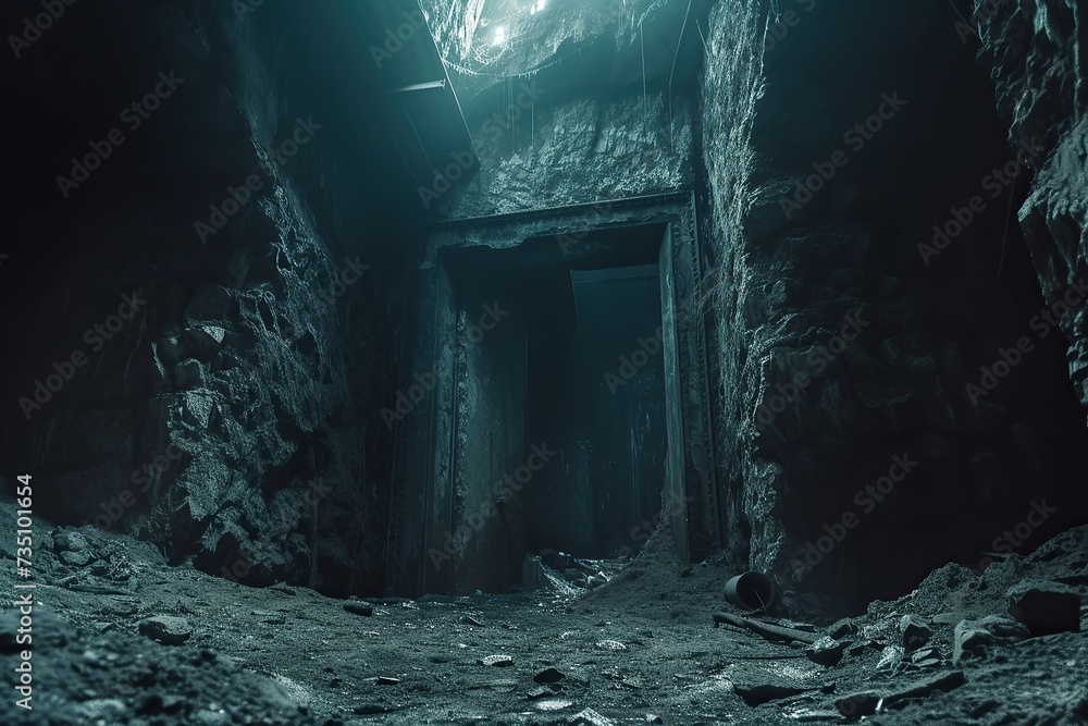 Exploring an old abandoned coal or mineral mine. Dark and dim shaft. old entrance from inside