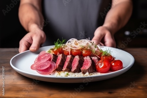 Slice of wagyu beef and fried onions tomatoes on a plate