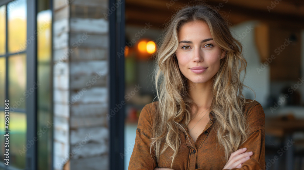 Confident American woman real estate agent stands proudly outside a modern home, Ai generated image Confident American woman real estate agent stands proudly outside a modern home, Ai generated image