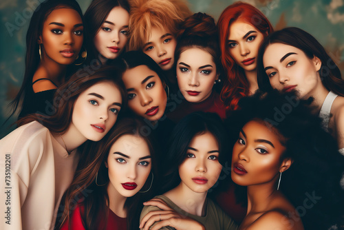 Group of multiethnic women with different hairstyles and makeup posing at studio 