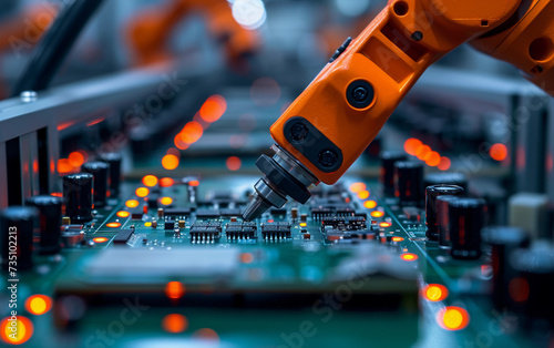 A detailed view showcasing a machine precisely working on a circuit board. © imagineRbc