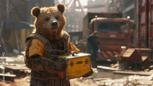A bear wearing workers overalls holding a lunchbox in a backdrop of an industrial construction site for a hyper realistic 3D rendering photo