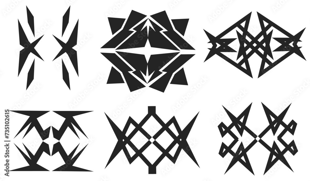 A collection of 6 tribal shapes with a stiff touch. Collection of Symmetrical Tribal Patterns Cyber Gothic Elements in Abstract Black and White Prints for t-shirts, hoodies and t-shirts or cards A collection of 6 tribal shapes with a stiff touch. Collection of Symmetrical Tribal Patterns Cyber Gothic Elements in Abstract Black and White Prints for t-shirts, hoodies and t-shirts or cards