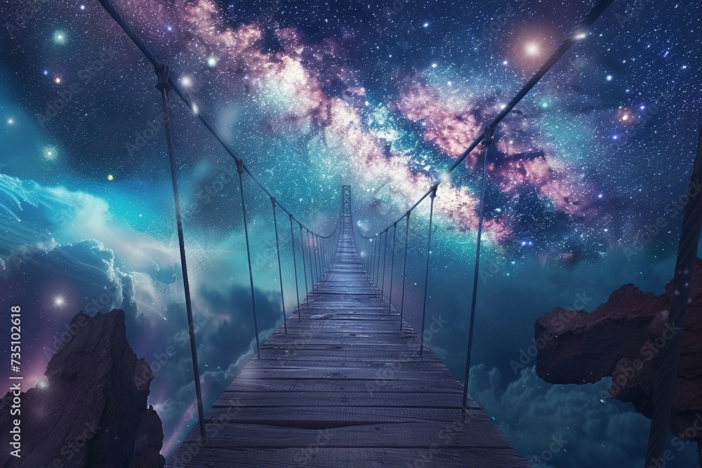 A picture perfect scene of a suspension bridge hanging in the middle of a distant starlit galaxy in outer space