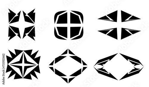 A collection of 6 tribal shapes with a stiff touch. Collection of Symmetrical Tribal Patterns Cyber ​​Gothic Elements in Abstract Black and White Prints for t-shirts, hoodies and t-shirts or cards