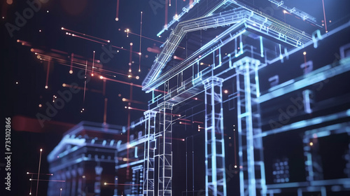 A unique 3D rendition of a high tech bank characterized by wireframe animations