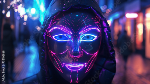 A unique 3D rendering of a mysterious neon mask glowing brightly in a dark cityscape setting © pprothien
