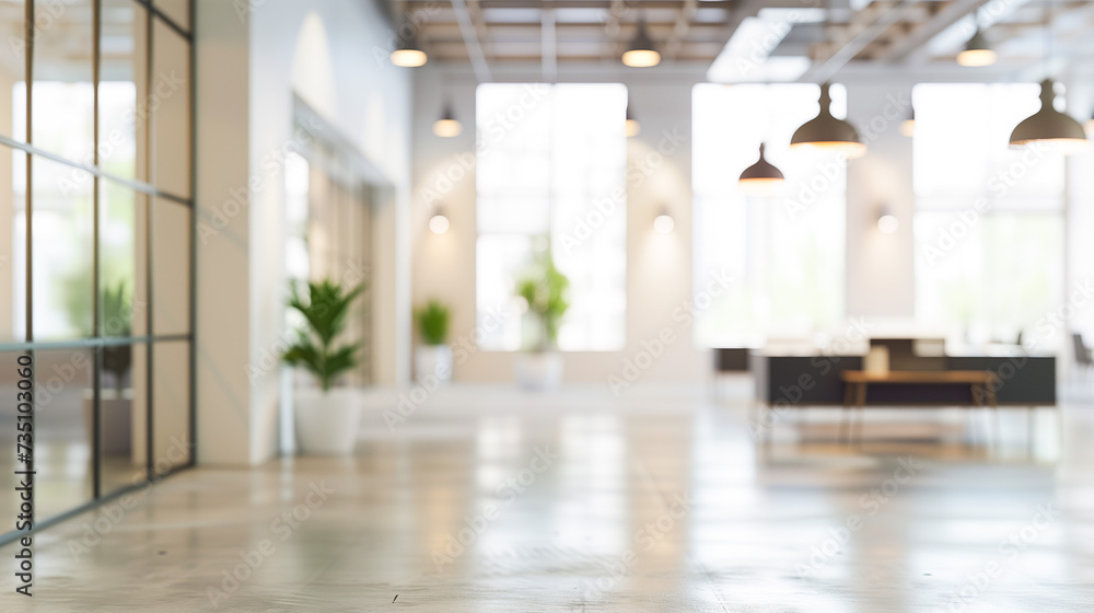 Blurred empty open space office. Abstract light bokeh at office interior background for design.