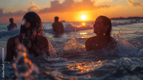 Happy family in the sea. Mom and kids playing in the waves and smiling. Family at the beach at the sunset. Happiness concept.