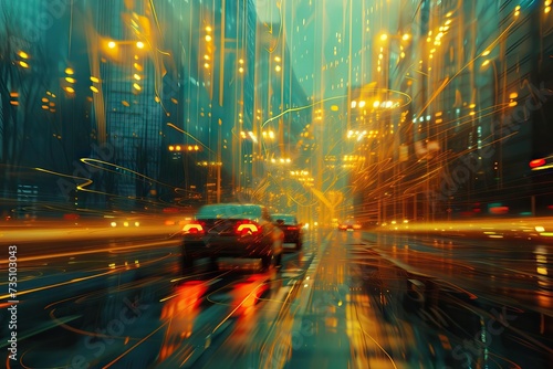 moving car with blur light through city at night. AI generated illustration