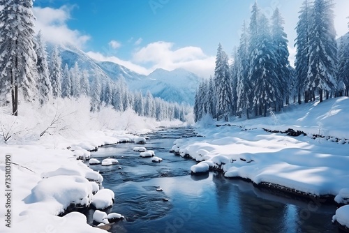  Mountain river in a snowy forest in winter. River reflection in winter mountain snow. Winter river in snowy mountains. River in winter snow scene