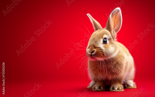 A brown rabbit comfortably sits on a red surface, showcasing the charming contrast between the colors. © imagineRbc