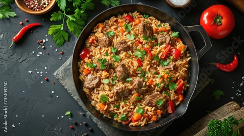 This image showcases a savory dish of beef and vegetable pilaf presented in a black cast iron pan, perfectly cooked with tender chunks of meat, diced vegetables, and seasoned rice, garnished with fres
