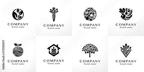 Stylish flat minimalistic logo design collection: modern graphic elements with abstract vegetables and fruits (outline shapes) in black and white for agriculture and farm organic products in vector se