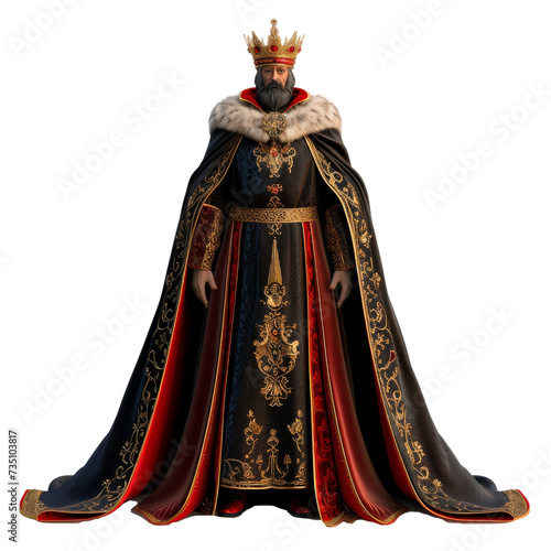 Majestic Medieval King in Ornate Robes and Golden Crown Standing With Authority, Isolated on a Transparent Background