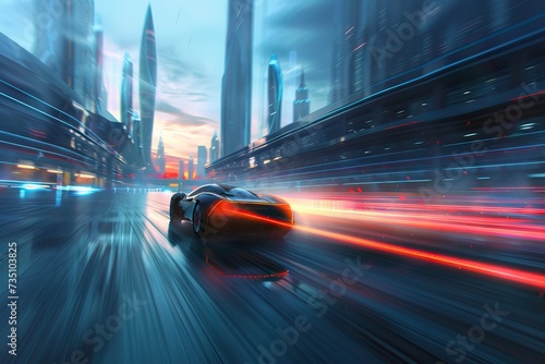 moving car with blur light through city at night. AI generated illustration