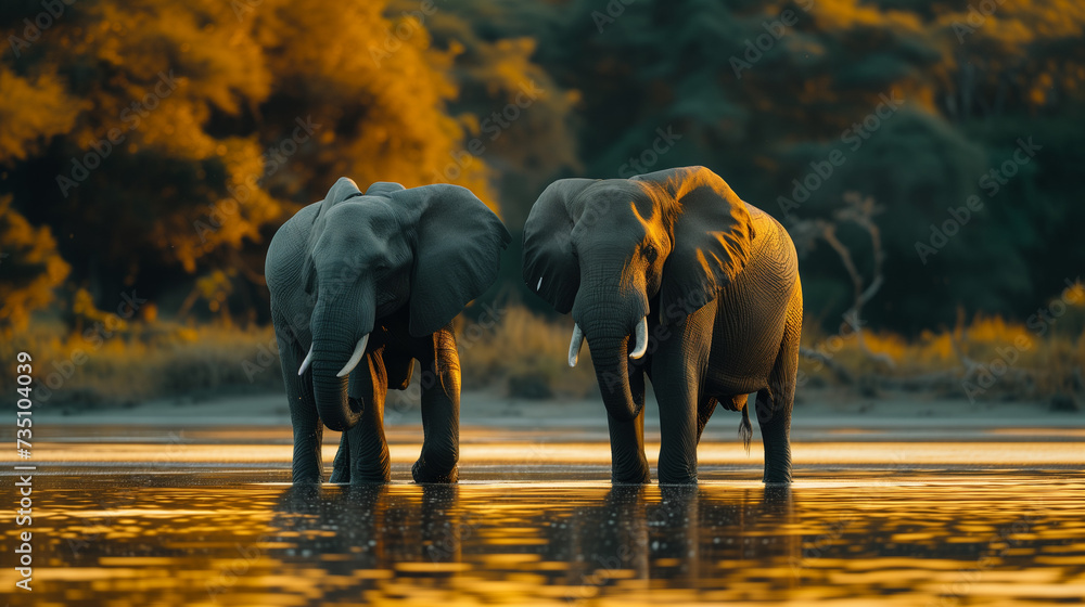 Elephant herd crossing river at sunset. a family of elephants playing in a river. A large lonely elephant in the setting sun. Herd of elephants walking across river.  Group of wild elephants walking.