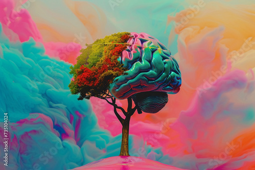 Surrealistic representation of a tree morphing into a human brain against a vibrant colorful backdrop