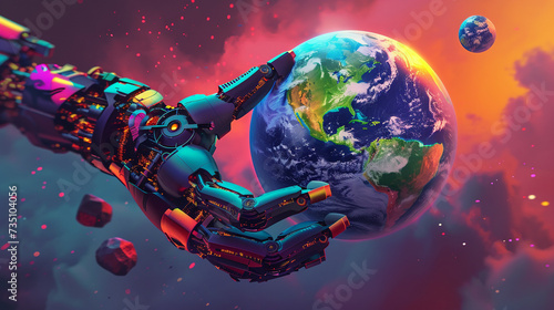 Unconventional representation of a 3D robot hand intertwined with the vividly colored planet earth