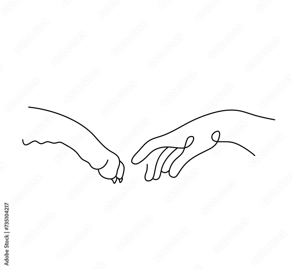 Vector isolated hand and dog paw side view line art  colorless black and white contour line easy drawing