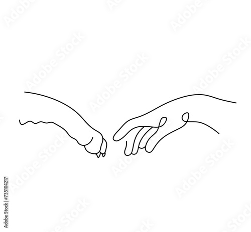 Vector isolated hand and dog paw side view line art colorless black and white contour line easy drawing