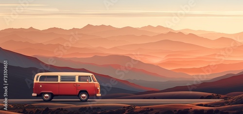 Highway through the White Mountains in New Hampshire with a camper van. AI generated illustration © moon