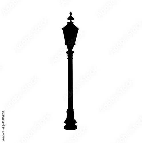 Vector isolated one single retro vintage old street lamp on a pole colorless black and white outline silhouette shadow shape stencil solid black