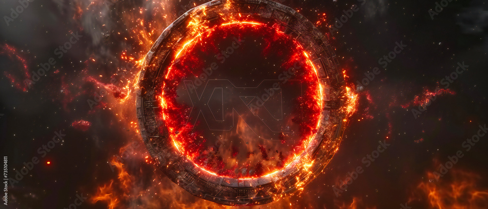 Fototapeta premium Abstract energy and science background, glowing red flare in space, concept of power and mystic astronomical phenomena, bright circular explosion