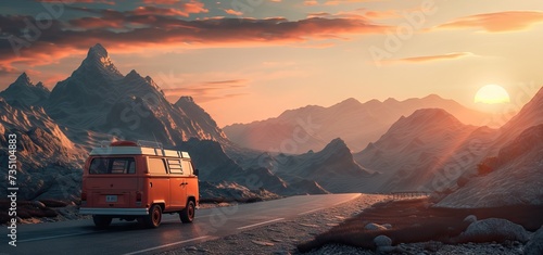 travel van is driving down a road with mountain in the background.