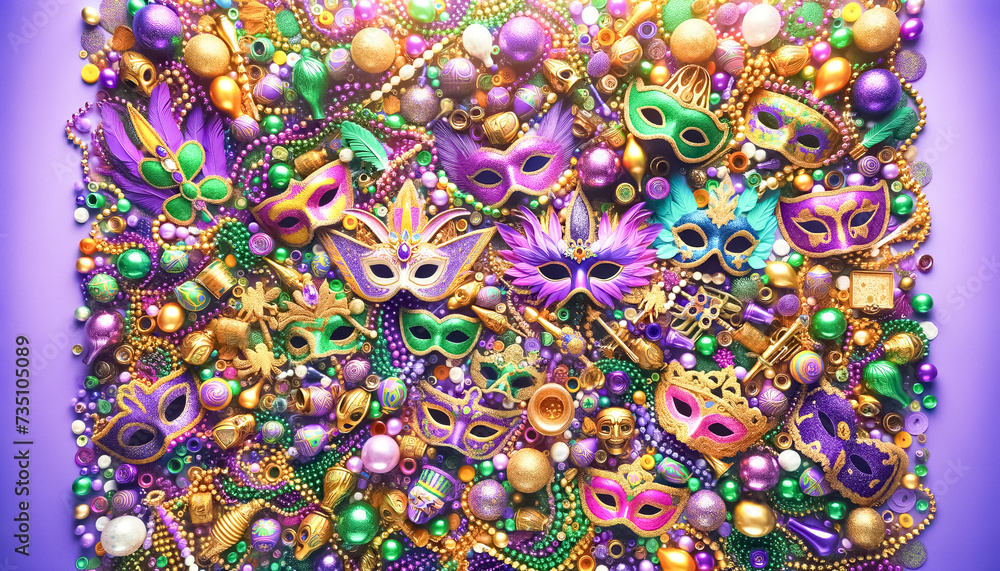 Fototapeta premium Majestic Mardi Gras Mask Amidst a Treasure Trove of Festive Ornaments