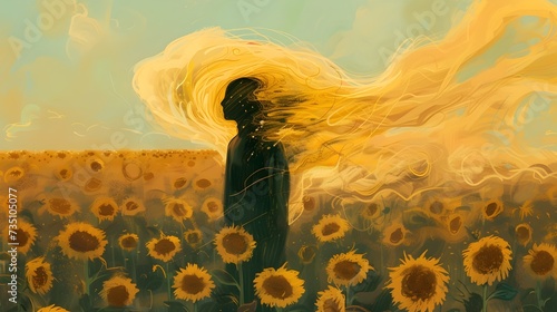 Woman in Sunflower Field with Yellow Hair photo