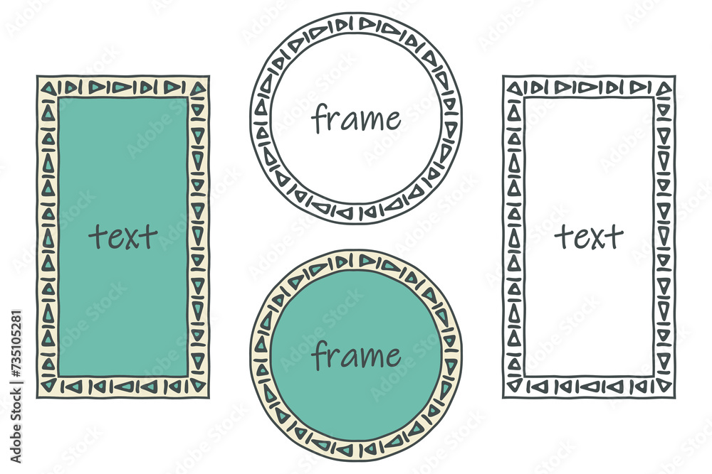 Frames outline, pastel coloured background set. Hand drawn decorative doodle ornament, ink brush stroke line, ethnic borders collection. Circle, rectangle shapes. Vector