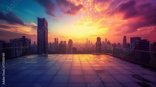 Dramatic Skyline Sunset: Photograph the empty roof space at sunset, with the warm glow of the setting sun illuminating the surrounding skyscrapers. Generative AI