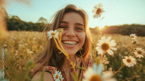 Uma jovem mulher curtindo a primavera em uma plantação de margaridas durante a hora dourada.